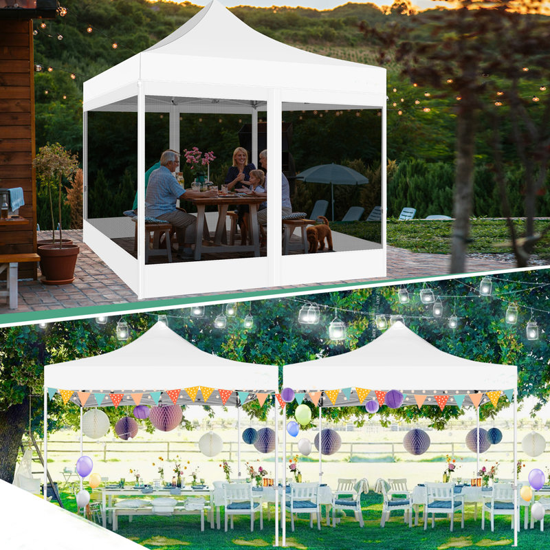 Tente à auvent robuste 10 x 10 po, pavillon de jardin escamotable avec filet grillagé, imperméable, Blanc