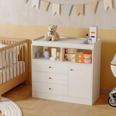 Table à langer pour bébé avec rangement, commode pour chambre de bébé en bois aggloméré avec 3 tiroirs et 2 compartiments ouverts, armoire à langer multifonctionnelle pour chambre d'enfant et chambre de bébé, blanc