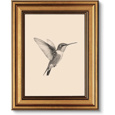 Art mural rétro encadré de colibri doré - croquis d'oiseau, peinture sur toile - élégante décoration murale sans éblouissement pour chambre à coucher, vestibule, bibliothèque
