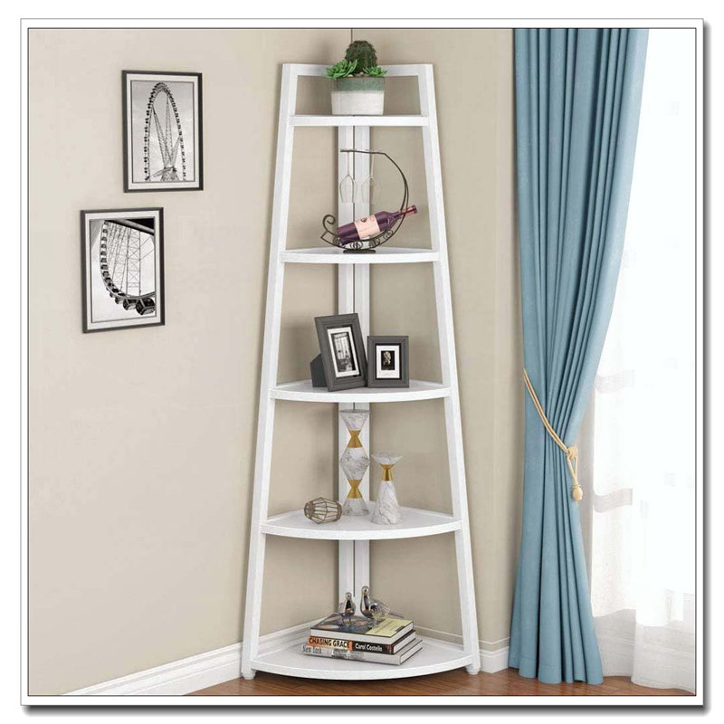 70.07" Tall Corner Shelf, 5 Tier Rustic White Corner Bookshelf Bookcase Industrial Corner Ladder Shelf, White