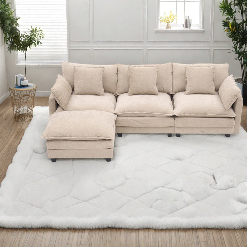 Canapé Coffee en forme de L avec repose-pieds de rangement, tissu en bois pour salon moderne