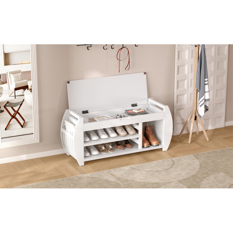 Storage Bench with Cushion and Curved Side Panel, White