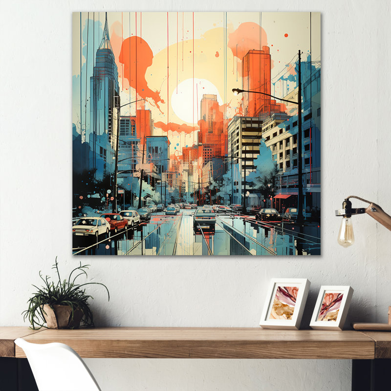 Paysage urbain d'Atlanta, coucher de soleil II - Art mural d'Atlanta, Cadre flottant doré, H 16 po x l 16 po x P 1 po