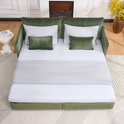 Lit convertible de 73 po, canapé 3 en 1 en velours côtelé moderne avec poche latérale et ports, pour petit appartement, chambre à coucher, lit double, structure en bois massif, rembourrage en mousse idéal pour le salon, espaces, pin