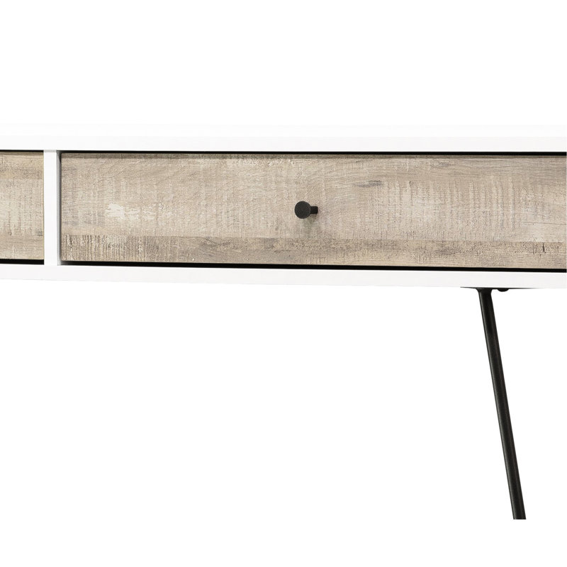 Bureau d'écriture en chêne taupe avec 2 tiroirs de rangement et garniture en métal