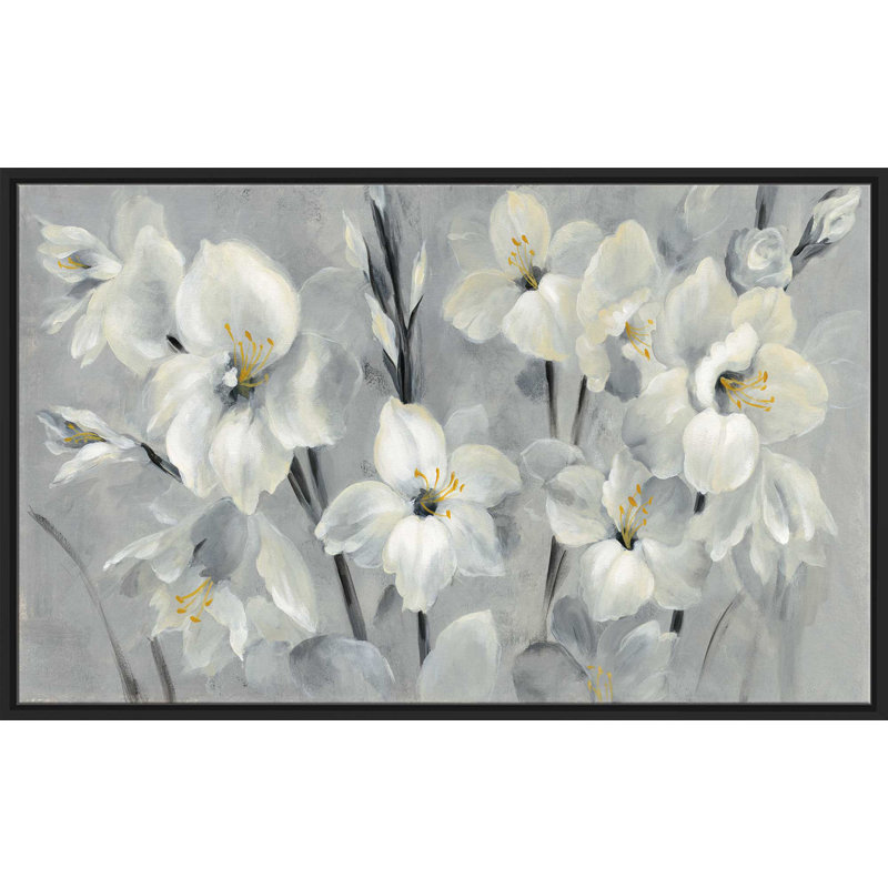 «Flowers on Grey», reproduction de peinture acrylique sur toile, H 21,5 po x l 33,5 po x P 2 po, Cadre flottant noir