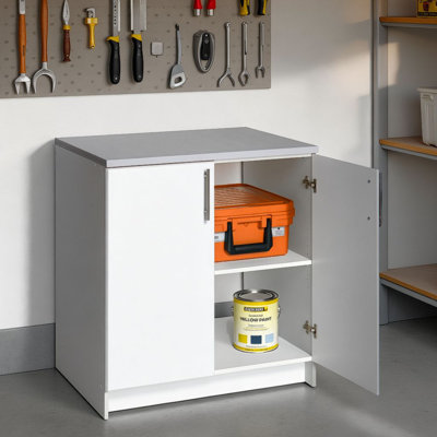 Watse Single 32" Wide Open Back Garage Storage Cabinet with Doors and Shelves, Pantry Cabinet with 1 Adjustable Shelf, Storage for Living Room, Kitchen, Bathroom 24" D x 32" W x 36" H, White