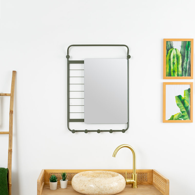 Furness Metal Flat Wall Mirror with Hooks, Green