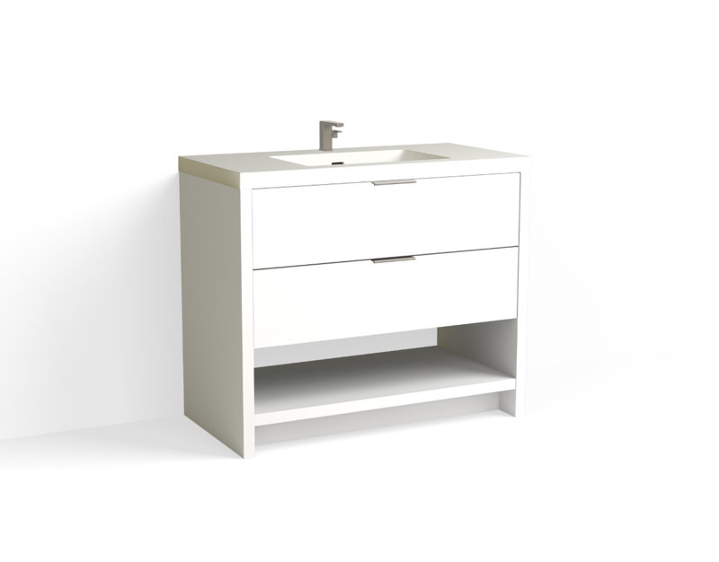 Vue 42" W Freestanding Single Bathroom Vanity, Polished Nickel, Matte White/Single, Biondo