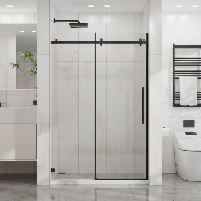 48 W X 72 H Frameless Sliding Shower Door, Tempered Clear Glass With Easy-Clean Coating, Stainless Steel Hardware, Shower Door