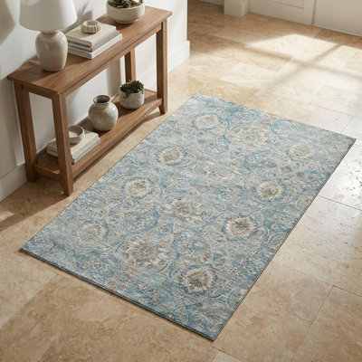 Tapis bleu café persan et ivoire 3 pi x 5 pi avec motif à médaillon ivoire délavé et lavable avec protection UV