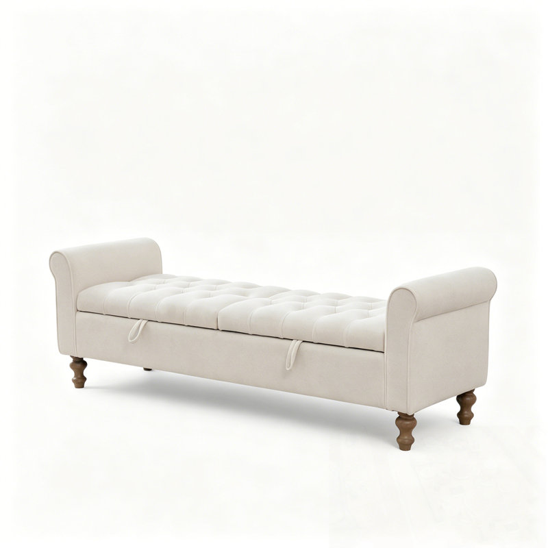 Banc rembourré avec rangement rabattable et accoudoirs, Beige