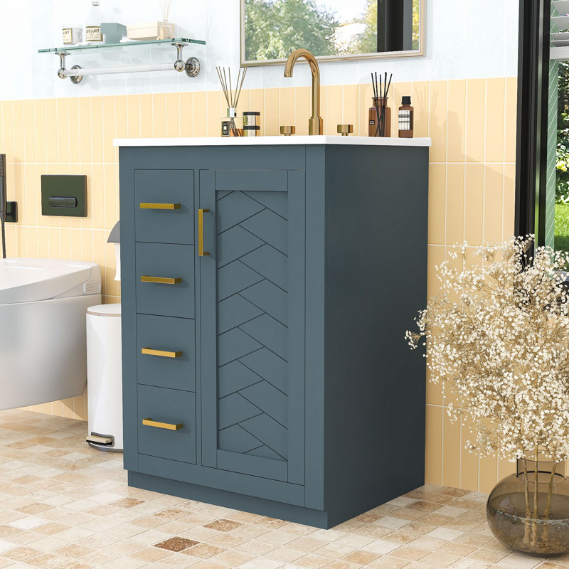 Meuble-lavabo compact de 24 pouces avec lavabo en céramique intégré et 3 tiroirs à fermeture en douceur, Blue