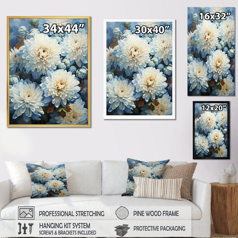 Blue and White Mum Flowers Canvas Print with Maple Frame