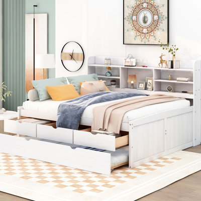 Lit en bois blanc avec bibliothèque intégrée, trois tiroirs de rangement spacieux et un rangement de style gigogne amovible, généreux compartiments