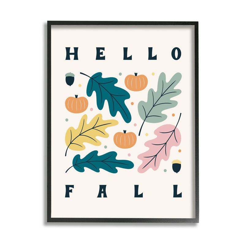 «Hello Fall», pastel moderne, feuilles d'automne, typographie noire, estampe numérique, art texturé par Jalynn Heerdt
