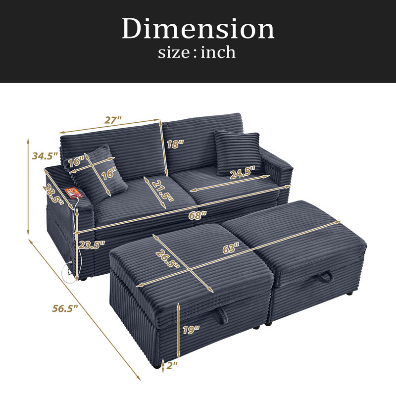 Comfortable Fluffy Corduroy Lazy Sofa, Storage Space For Big Loveseat, Super Soft Chaise Lounge With Double Ottomans And Table Board,Suitable For Chailiving