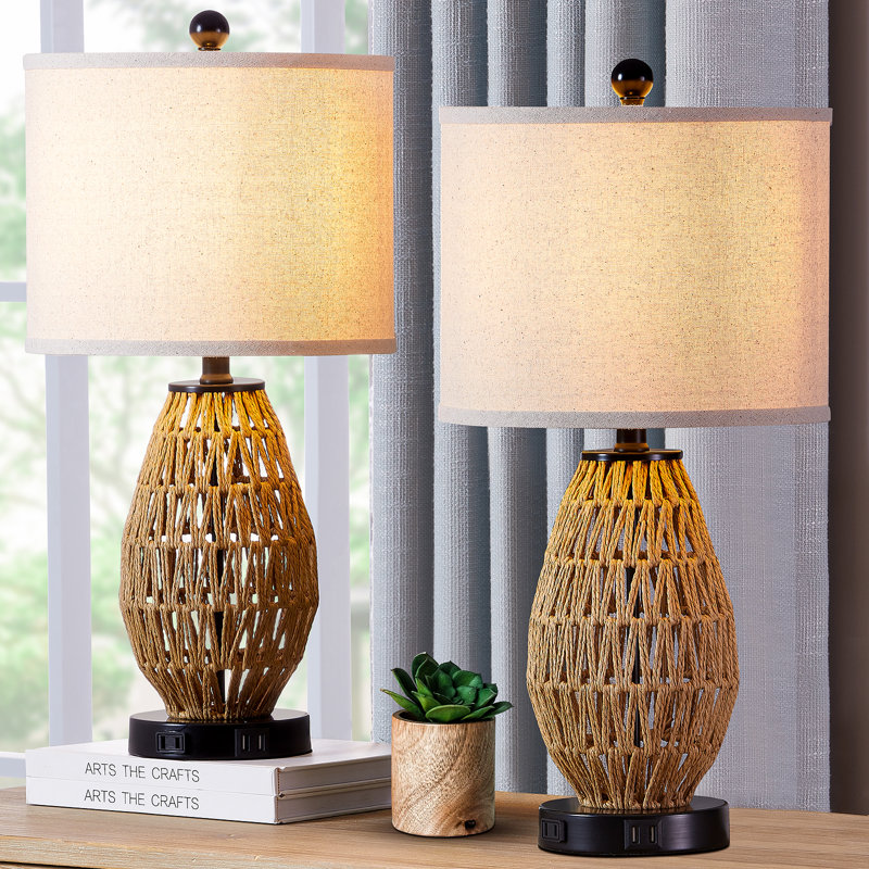 Adone 22.5" Rattan Table Lamp Set with USB Ports & Touch Control, Brown
