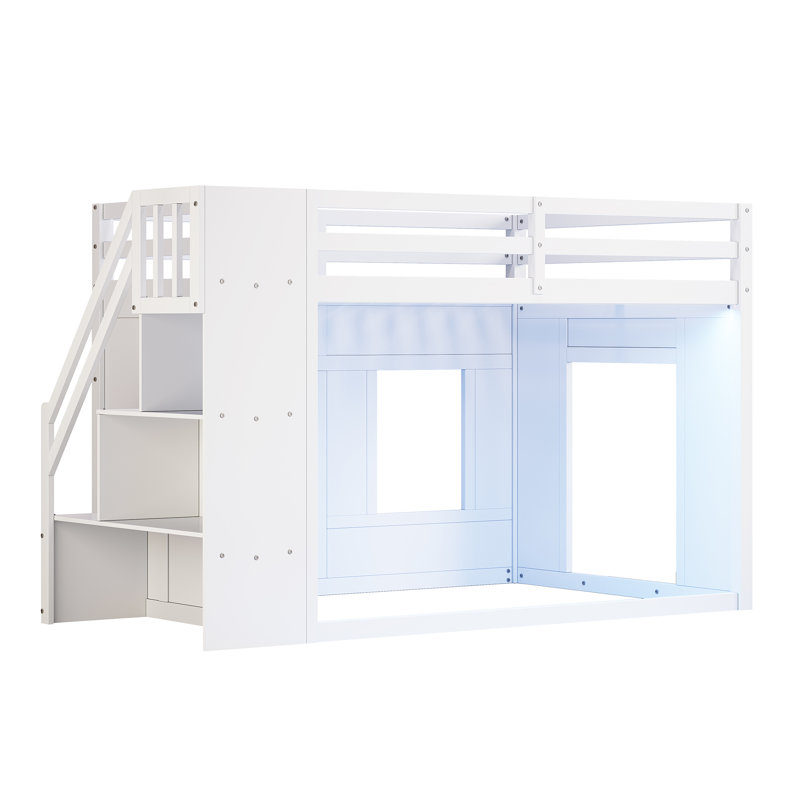 Lit mezzanine bas Lumistep avec escalier de rangement et lumières DEL intégrées, Lit double, Blanc