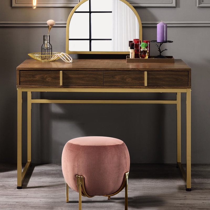 Meuble-lavabo avec miroir, 2 tiroirs et plateau à bijoux, cadre doré noyer, silhouette simple pour une élégante commode à tiroirs, miroir doré, gardez vos cosmétiques à l'intérieur