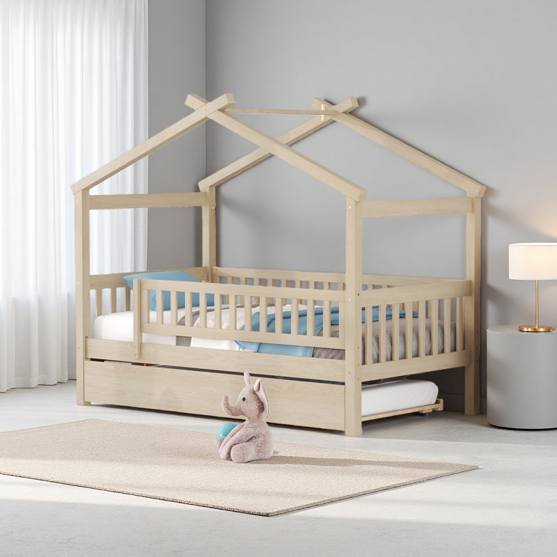 Lit en bois avec lit gigogne simple, Lit simple, Naturel