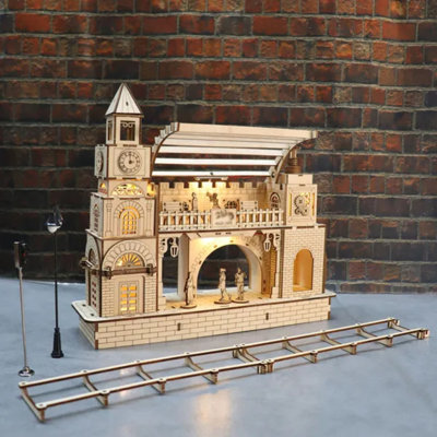 Vintage Railway Station 3D Wooden Puzzle Model Kit with LED Lights, DIY Building Craft Christmas Gift