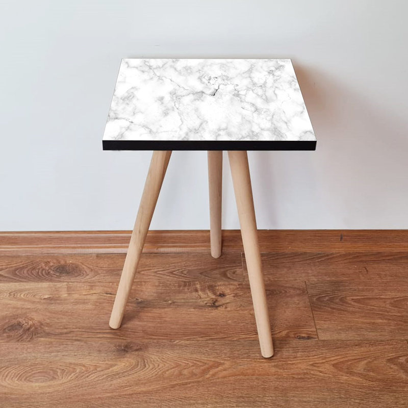Modern Side Table with Beech Wood Legs, White & Black Marble Design, 13.8 x 16.5 x 13.8 inches | 100% MDF, Thickness: 0.7 inches | Stylish and Functional for Living Room, Bedroom, or Office Use
