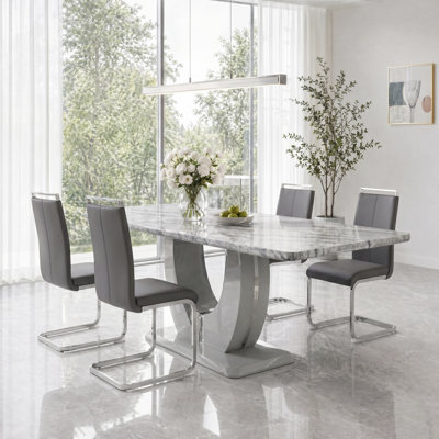 Modern 5-Piece Dining Set With Faux Marble Tabletop And 4 Upholstered C-Frame PU Leather Chairs
