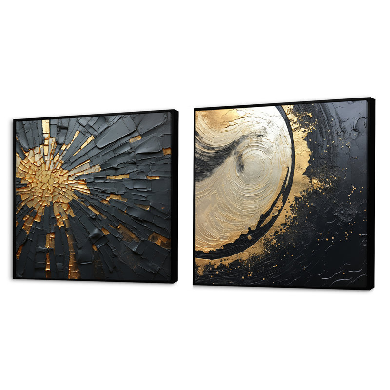 Méditation abstraite noire et dorée II - ensemble de 2 collages abstraits carrés, Cadre flottant noir, H 16 po x l 33 po