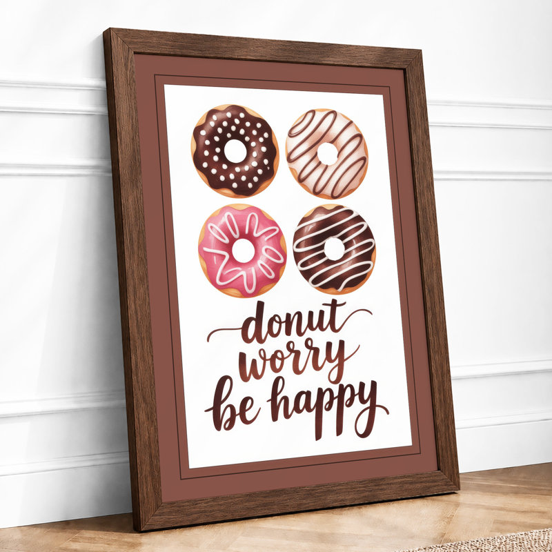Donut Worry Be Happy Typography - Framed Print, A1 - 84.1 x 59.4 cm, Walnut