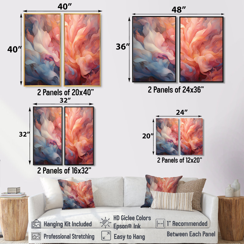 Peach Blue Rose Reverie I - Floral Floral Canvas Wall Art 2-Panels, 32" H x 32" W, Wrapped Canvas, Does Not Apply