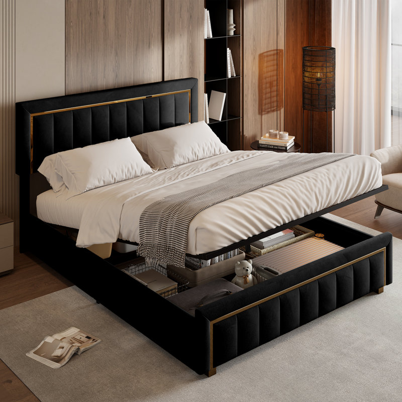 Upholstered Ottoman Storage Bed, European Double (140 x 200 cm), Black