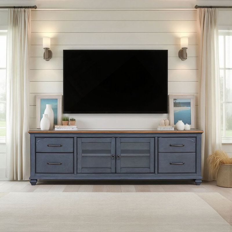 Meuble télé 84 po Americana pour téléviseur de 90 po ou moins, sans assemblage, fini bleu velours côtelé