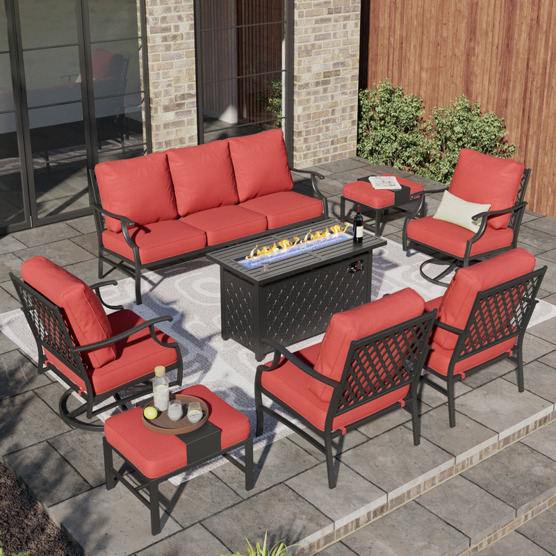 Ensemble de conversation de patio pour 9 personnes avec 2 fauteuils pivotants Akadian, Oui, Coussin Pro Performance rouge