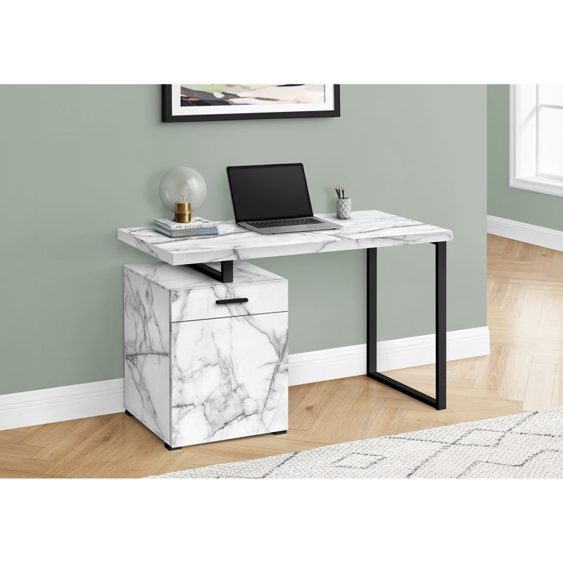 Bureau d'ordinateur, bureau personnel, ordinateur portable, installation à gauche, à droite, tiroirs de rangement, L 48 po, bureau, stratifié aspect marbre blanc, métal noir, contemporain, moderne