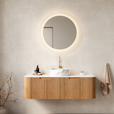 Meuble-lavabo rond blanc en céramique 48 po, armoire murale 2 tiroirs, grain de bois naturel, armoire de rangement pré-assemblée et efficace avec tiroirs, stable