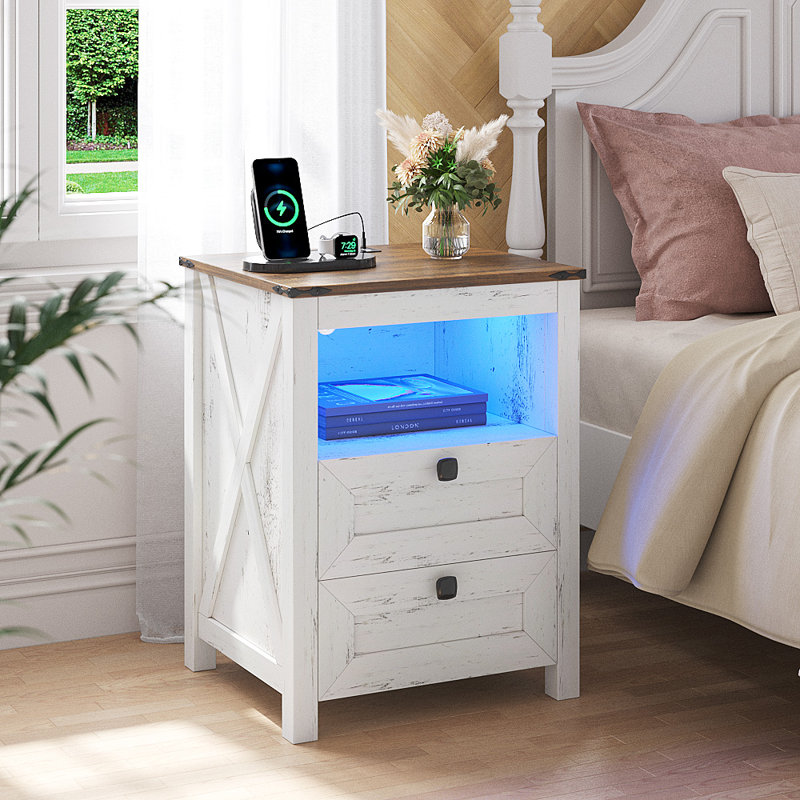Table de chevet à DEL avec prise et port USB, Blanc antique / brun