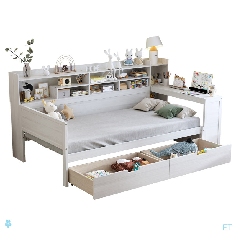 Wooden Twin Size Daybed With Storage Shelves, Multi-Functional Bed With Two Storage Drawers And  Study Desk, Antique White
