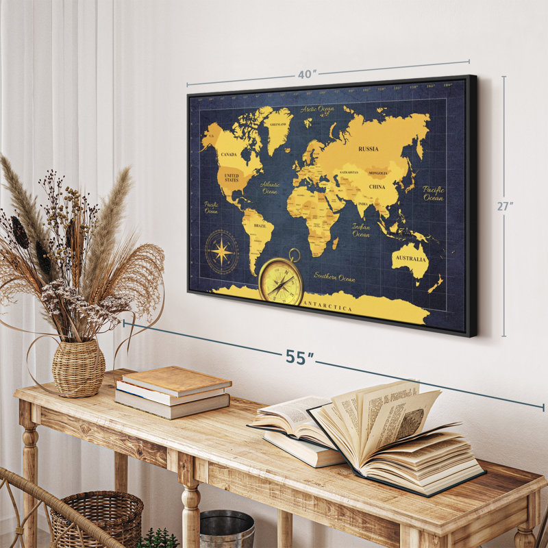 " Gold Compass World Map Canvas Print ", 27" H x 40" W