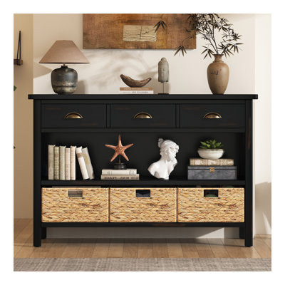 Console rétro avec 3 tiroirs de rangement, table d'entrée avec 3 paniers tissés en jacinthe d'eau, armoire-buffet en bois pour le vestibule, le couloir et le salon (espresso)