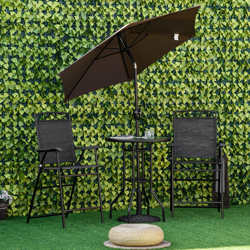 Ensemble de salle à manger d'extérieur - 4 pièces. 2 chaises pliantes, 1 parasol ajustable, table à motif ondulé. Noir. Acier robuste, maille. Mettez en valeur votre espace piscine avec cette table de patio pliable en acier trempé.