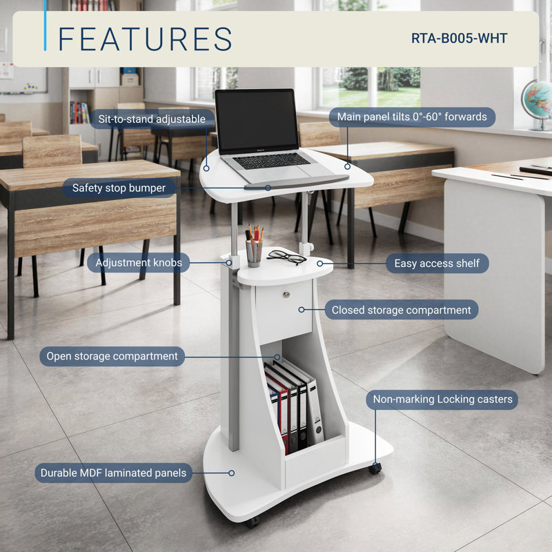 Adjustable Sit-to-Stand Rolling Laptop Cart with Tilt Top and Storage, White, White