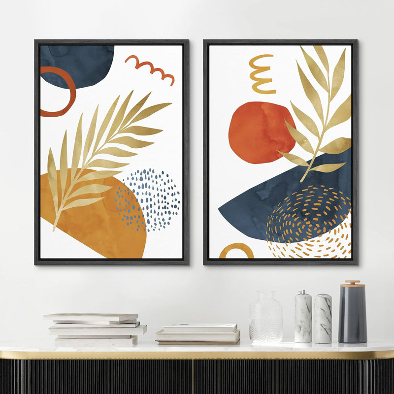 Mid-Century Vibrantest Plants Semi Circles - Ensemble de 2 reproductions sur toile flottantes, Noir, H 36 po x l 24 po