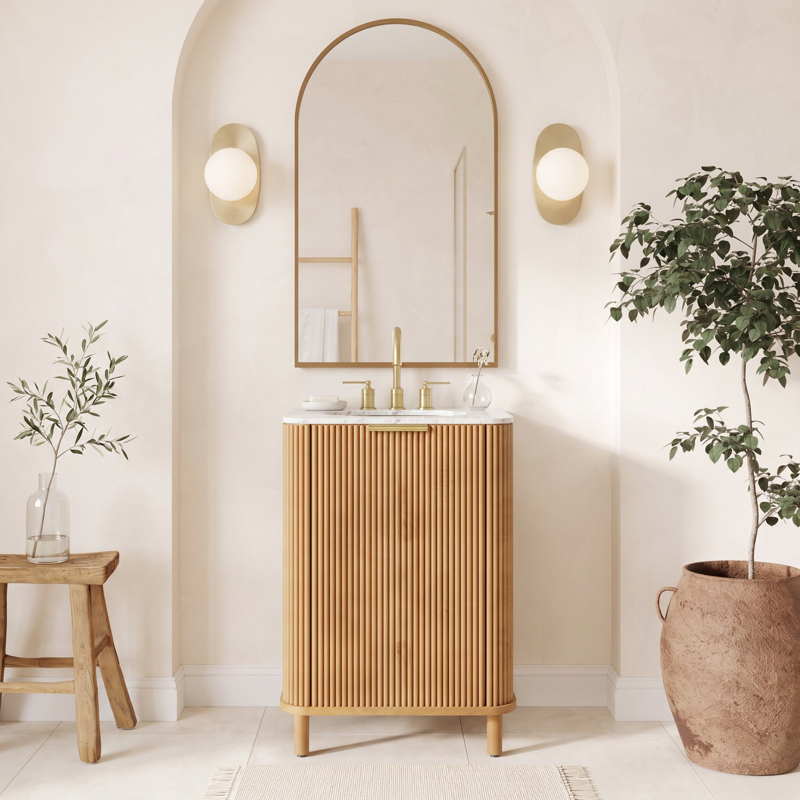 Nova 24" Carrara Marble Single Bathroom Vanity, Reeded Birch