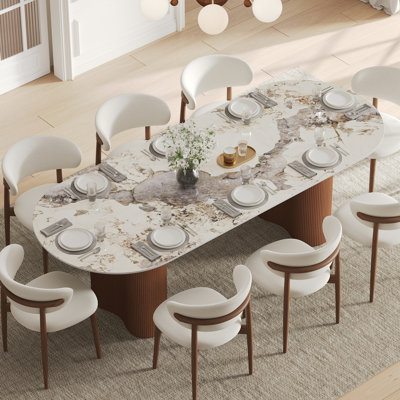 Modern 9-piece Oval Sintered Stone Dining Table Set With 8 Linen Upholstered Chairs, Walnut Wood Base, Seats 8