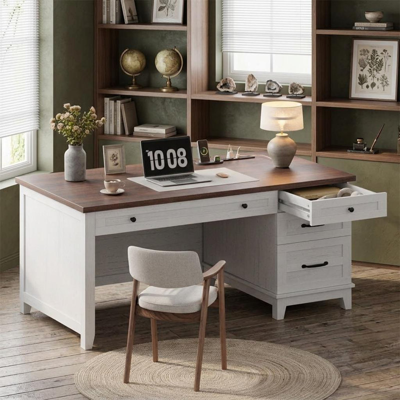Executive Desk with Drawers, Farmhouse Home Office Desk with Charging Station, 53.54" Wooden Computer Desk with File Cabinet Storage for Work Study Writing