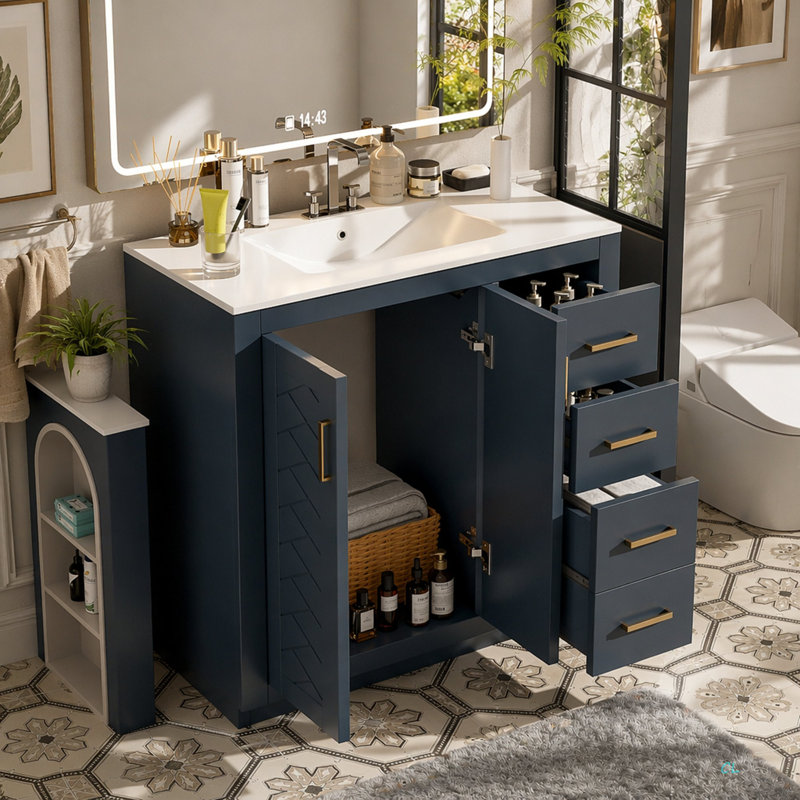 Ensemble de meuble-lavabo 36 po avec lavabo en céramique, armoire de rangement en bois massif, ensemble de meuble-lavabo autoportant avec 3 tiroirs et portes à fermeture douce
