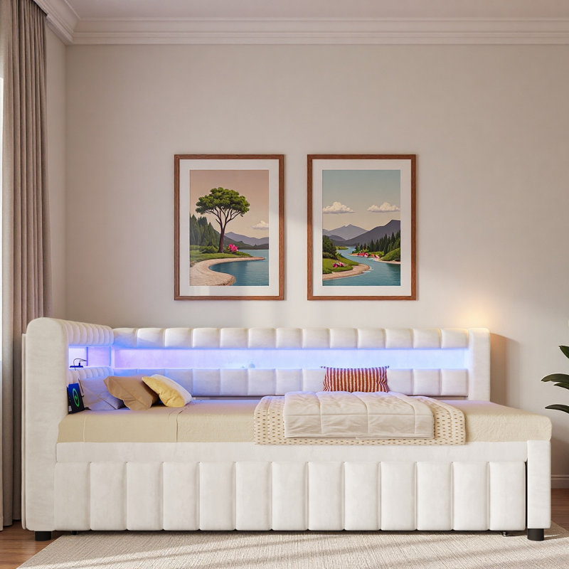 Lit de jour rembourré avec lumières DEL, ports USB et lit gigogne escamotable, Blanc