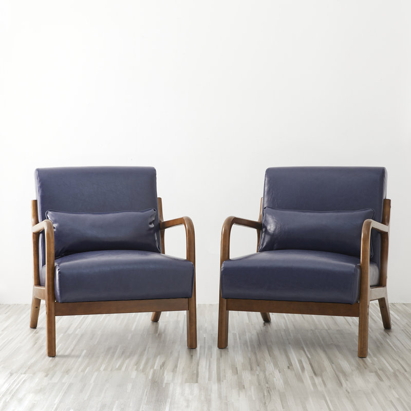 Jabarius Faux Leather Armchair, Walnut Frame/Navy Blue Cushion