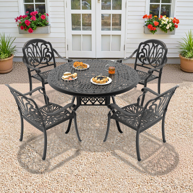 Dheftera 48.03-inch Round Cast Aluminum Outdoor Dining Set with Umbrella Hole and Brown Cushions, 4